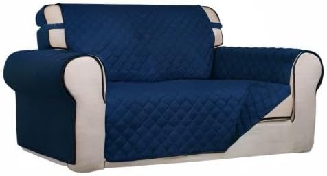 PureFit Reversible Quilted Sofa Cover, Water Resistant Medium Slipcover Furniture Protector, Washable Couch Cover with Non Slip Foam and Elastic Straps for Kids, Pets (Loveseat, Navy/Navy)