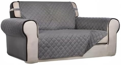 PureFit Reversible Quilted Sofa Cover, Water Resistant Medium Slipcover Furniture Protector, Washable Couch Cover with Non Slip Foam and Elastic Straps for Kids, Dogs, Pets (Loveseat, Gray/Gray)