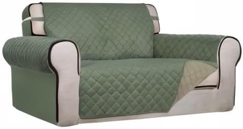 PureFit Reversible Quilted Sofa Cover, Water Resistant Slipcover Furniture Protector, Washable Couch Cover with Non Slip and Elastic Straps for Kids, Dogs, Pets (Loveseat, Greyish Green/Beige)