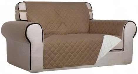PureFit Reversible Quilted Sofa Cover, Water Resistant Medium Slipcover Furniture Protector, Washable Couch Cover with Non Slip Foam and Elastic Straps for Kids, Dogs, Pets (Loveseat, Camel/Ivory)