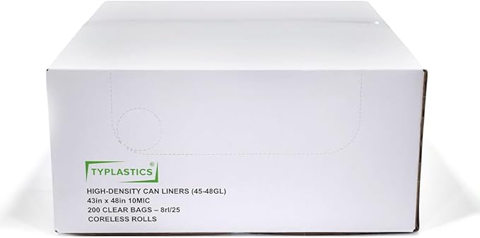 TYPLASTICS 45-48 Gallon Clear Trash Can Liners - 43" x 48" - High Density Garbage Bags - 200 Pack - Multipurpose for Office, Yard, Recycling, Industrial and Commercial