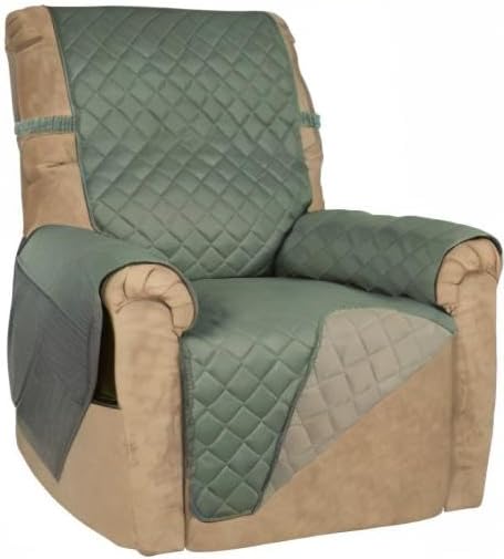 PureFit Reversible Quilted Recliner Sofa Cover, Water Resistant Slipcover Furniture Protector, Washable Couch Cover with Elastic Straps for Kids, Dogs, Pets (Small, Greyish Green/Beige)