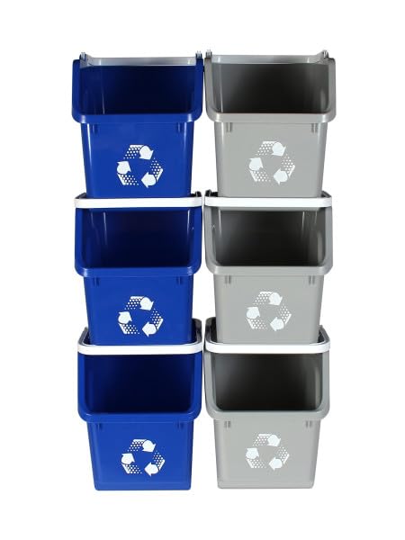 Multi Bin Recycling System with Six Stackable 6 Gallon Recycle Bins to Build Your Recycling Center for Offices, Kitchen, Garages, Businesses - (6 Pack, Blue/Grey)