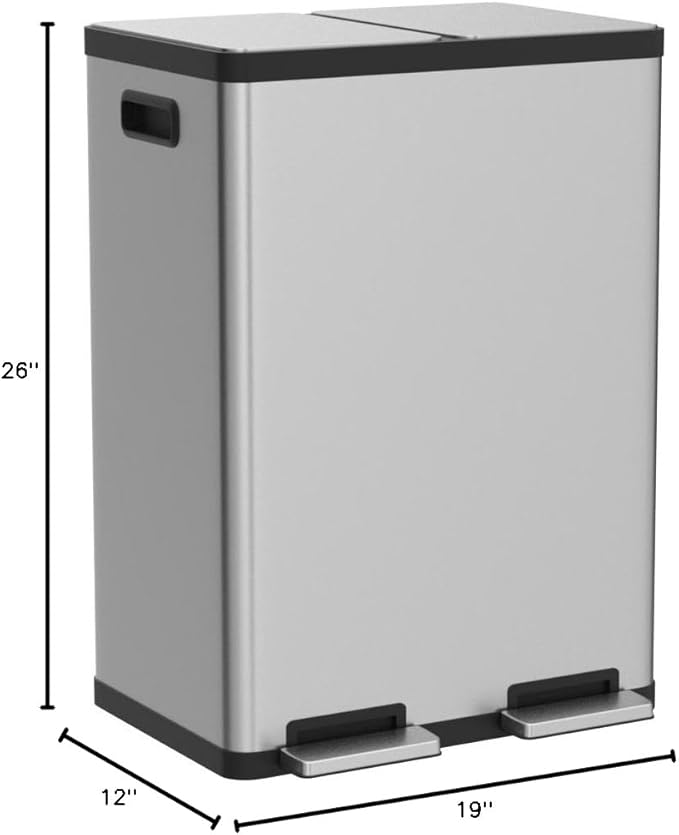 SIMPLI-MAGIC 60 Liter / 16 Gallon Rectangular Hands-Free Dual Compartment Recycling Kitchen Step Trash Can with Soft-Close Lid, Brushed Stainless Steel