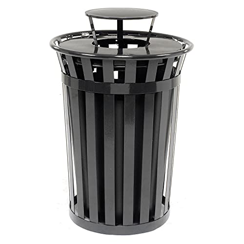 Global Industrial Heavy-Duty 36 Gallon Capacity Outdoor Metal Slatted Trash Receptacle with Rain Bonnet Lid & Plastic Liner, Black, Commercial & Industrial Trash Can