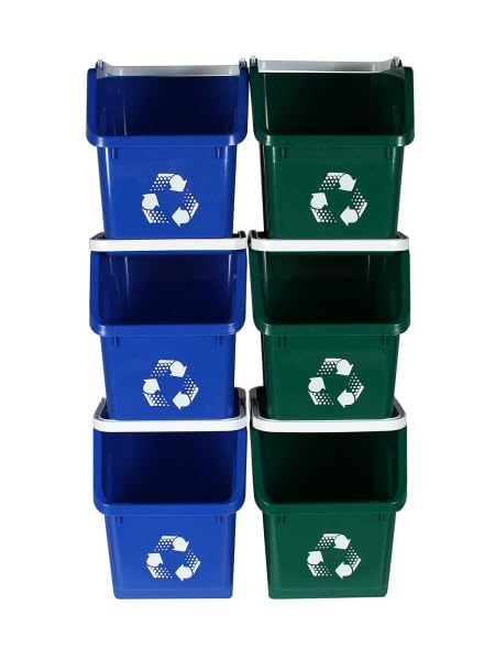 Multi Bin Recycling System with Six Stackable 6 Gallon Recycle Bins to Build Your Recycling Center for Offices, Kitchen, Garages, Businesses (6 Pack, Blue/Green)
