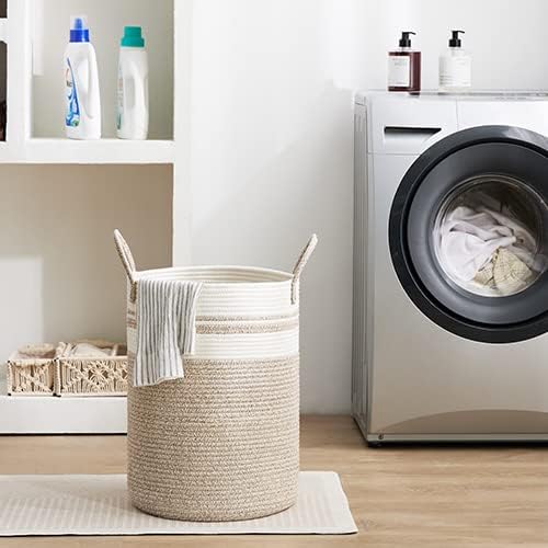 Fiona's magic 100L Extra Large Laundry Hamper Basket, 26.4Gal Tall Woven Laundry Basket Storage, Baby Nursery Hamper for Blankets, Clothes Hamper for Bedroom and Living Room Organizing, Brown & White