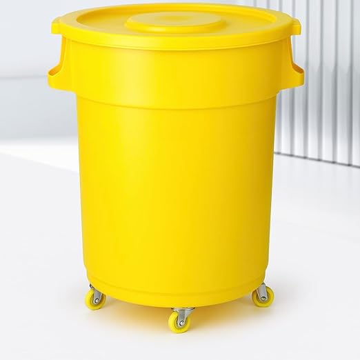 32-Gallon Round Commercial Trash Can with Lid and Dolly – Heavy-Duty Plastic Garbage Bin for Restaurants, Kitchens, Janitorial Use, Indoor – Mobile Waste Container on Wheels (Yellow)