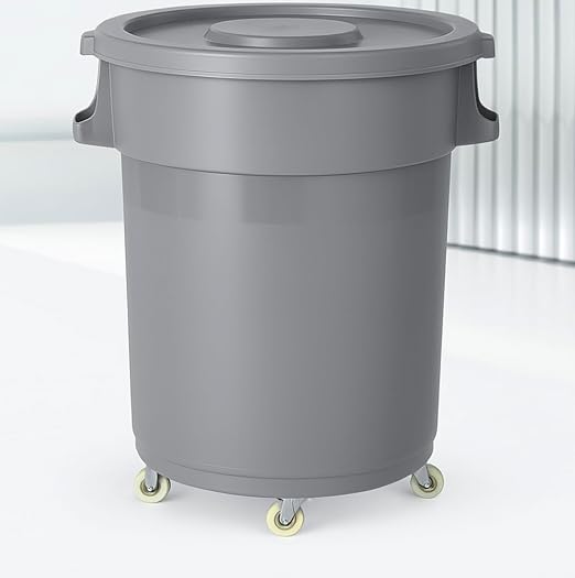 32-Gallon Round Commercial Trash Can with Lid and Dolly – Heavy-Duty Plastic Garbage Bin for Restaurants, Kitchens, Janitorial Use, Indoor – Mobile Waste Container on Wheels (Gray)