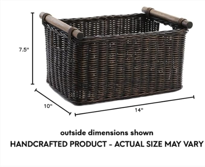 The Basket Lady Pole Handle Wicker Storage Basket, Small, 14 in L x 10 in W x 7.5 in H, Antique Walnut Brown