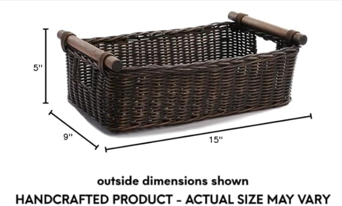 The Basket Lady Low Pole Handle Wicker Storage Basket, Small, 15 in L x 9 in W x 5 in H, Antique Walnut Brown