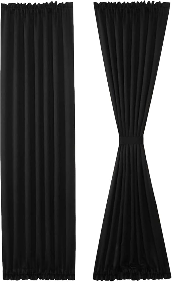 DWCN French Door Curtains – Rod Pocket Thermal Blackout Curtain for Doors with Glass Window, Kitchen and Patio Doors for Privacy, 23 X 72 Inches Long, 1 Curtain Panel with Tieback, Black