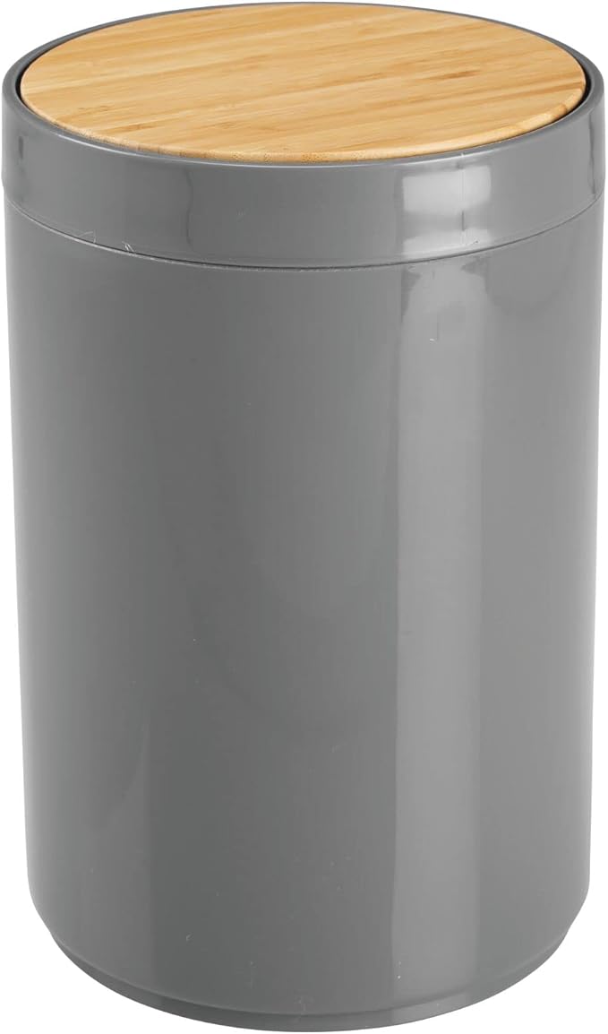 mDesign Plastic Round Trash Can Small Wastebasket - Garbage Bin Container with Swing-Close Lid - Bathroom Garbage Basket - Holds Waste, Recycling - 1.3 Gallon - Basa Collection - Charcoal Gray/Natural