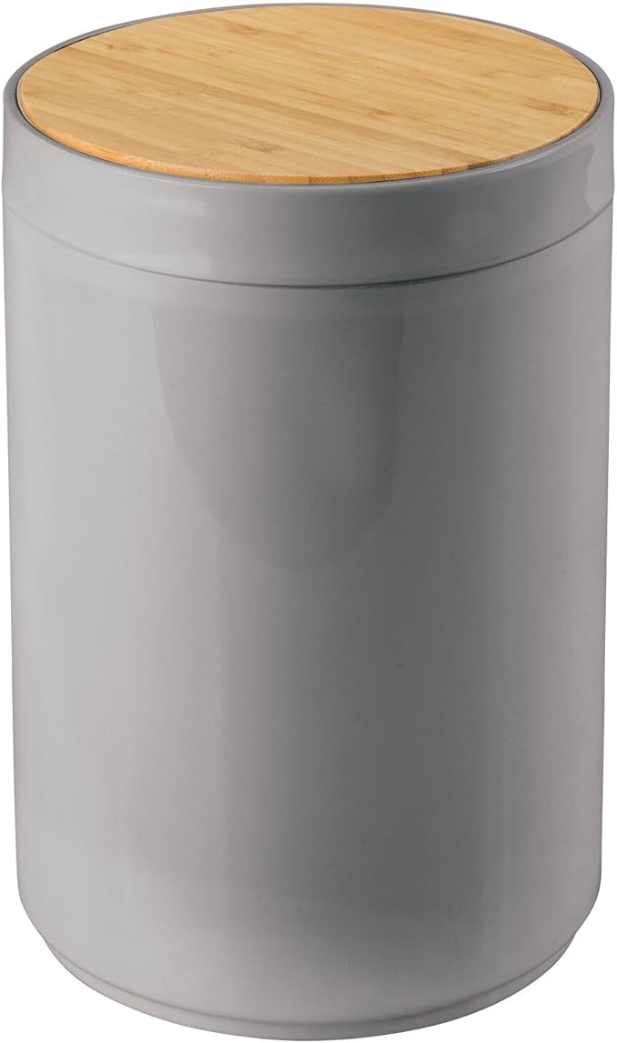 mDesign Plastic Round Trash Can Small Wastebasket - Garbage Bin Container with Swing-Close Lid - Bathroom Garbage Basket - Holds Waste, Recycling - 1.3 Gallon - Basa Collection - Gray/Natural