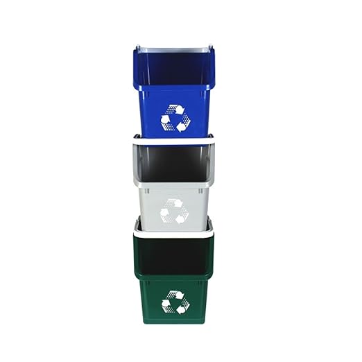 Multi Bin Recycling System with Three Stackable 6 Gallon Recycle Bins to Build Your Recycling Center for Offices, Kitchen, Garages, Businesses (3 Pack, Blue/Grey/Green)