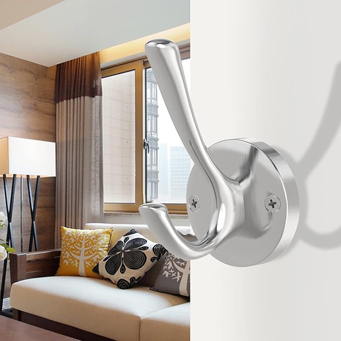 Brushed Nickel Wall Hooks Towel Hooks, 2 Pack Coat Robe Hook Heavy Duty Bathroom Double Hook Wall Mounted, Hand Towel Hooks for Closet Entryway Cubicle Kitchen
