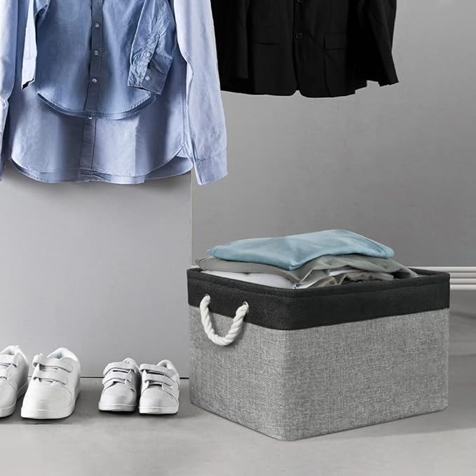 Organization and Storage Bins for Shelves - 17X15X12 inch 2 Pack Foldable Baskets for Organizing, Fabric Storage Cubes with Rope, Storage Box for Decorative Cloth (Black & Grey)