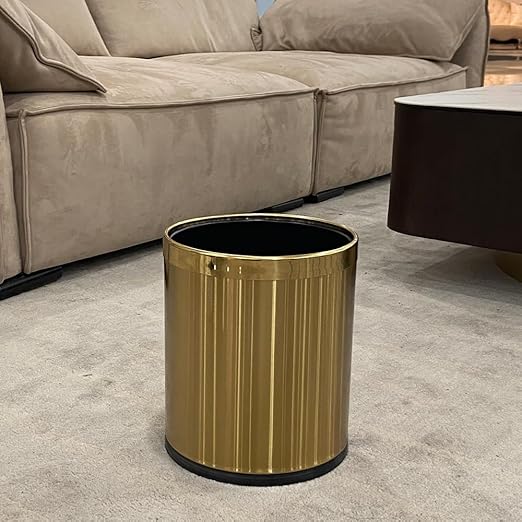2.6Gallon/10L Brass Gold Bathroom Trash Can - Gold Waste Basket for Bedroom, Office, Store - Metal Trash Bin Without Lid