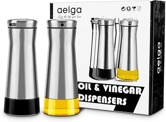 Aelga Olive Oil And Vinegar Dispenser Set -2 Pack Elegant Stainless Steel Oil Dispenser Set- Vinegar Bottle for Kitchen with No-Drip