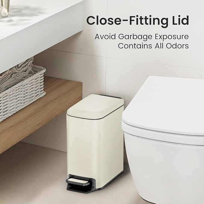 Cesun Small Bathroom Trash Can with Lid Soft Close, Step Pedal, 6 Liter / 1.6 Gallon Stainless Steel Garbage Can with Removable Inner Bucket, Anti-Fingerprint Finish (Creamy White)