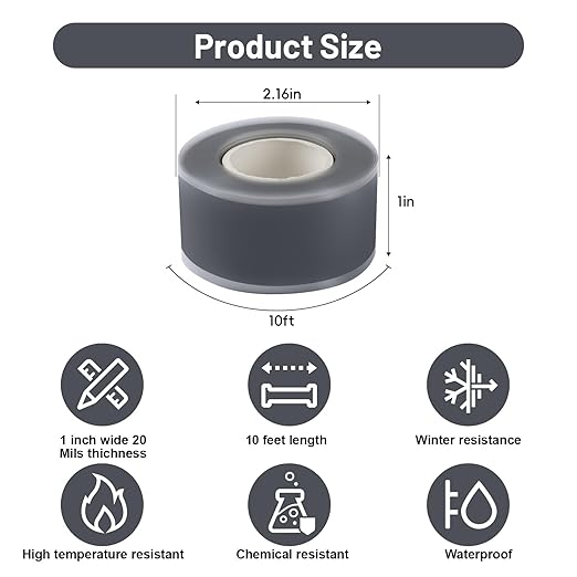 Self Fusing Silicone Tape 2 Rolls 1 in x 10' Grey Waterproof Rescue Tape Rubber Leak Silicone Self-amalgamating Tape for Plumbing, Sealing Pipes, Hose Repair, Outdoor Coax and Tool Fixation