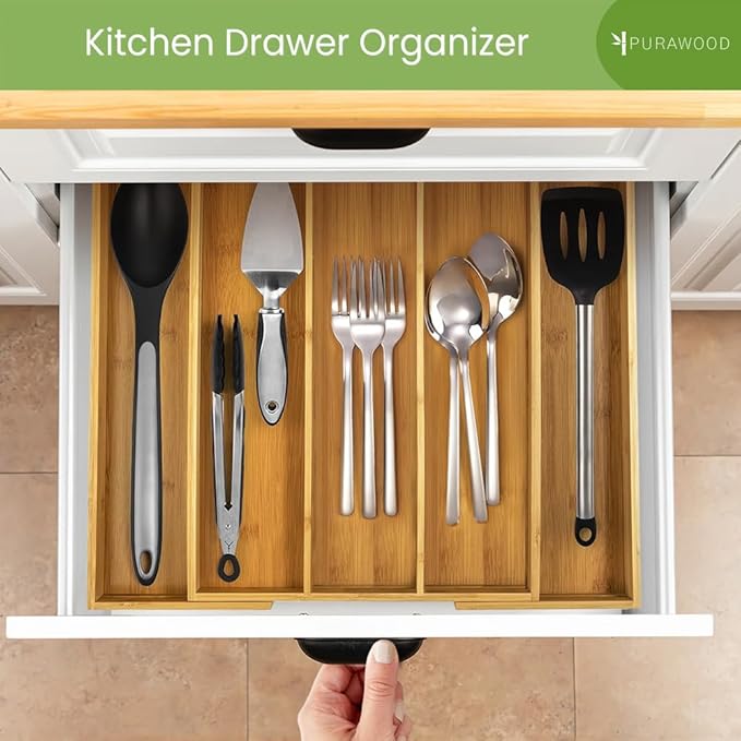 Purawood Kitchen Drawer Organizer - Expandable Utensil Drawer Organizer for Kitchen, Cutlery Tray & Silverware Organizer, 3-5 Slots - Bamboo Organizer for Utensils & Flatware (Natural)
