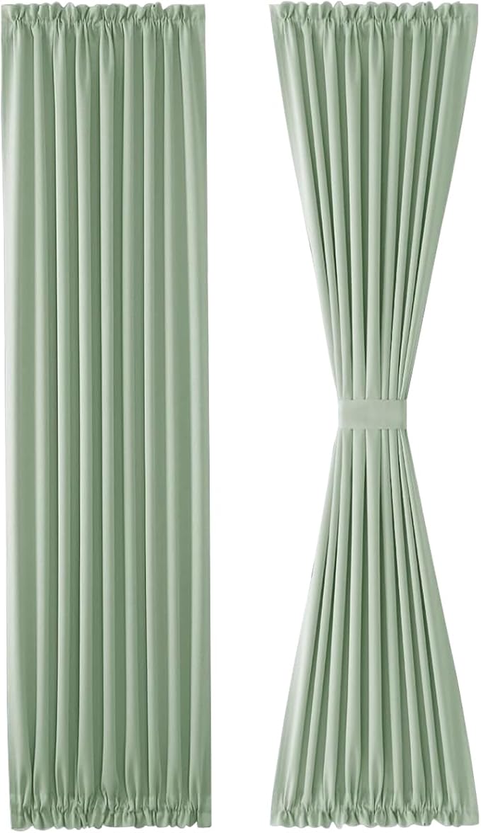 DWCN French Door Curtains – Rod Pocket Thermal Blackout Curtain for Doors with Glass Window, Kitchen and Patio Doors for Privacy, 23 X 72 Inches Long, 1 Curtain Panel with Tieback, Bean Green