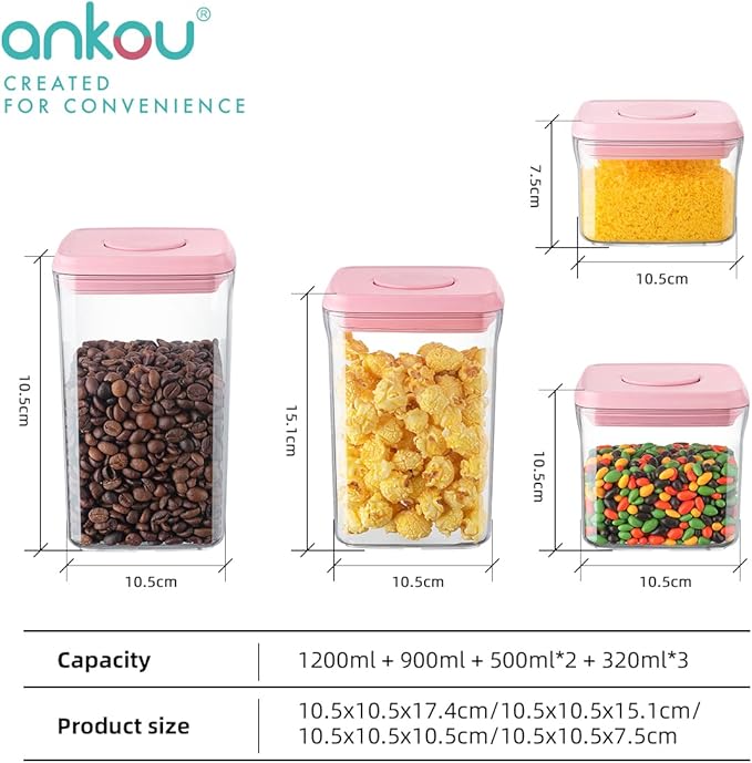 Ankou Airtight Food Storage Container - 7 Pcs One Button Handy Container Stackable Food Containers for Snacks Candy Salt Herbs Spices Coffee Bean Formula Popcorn BPA-Free Tight Seal
