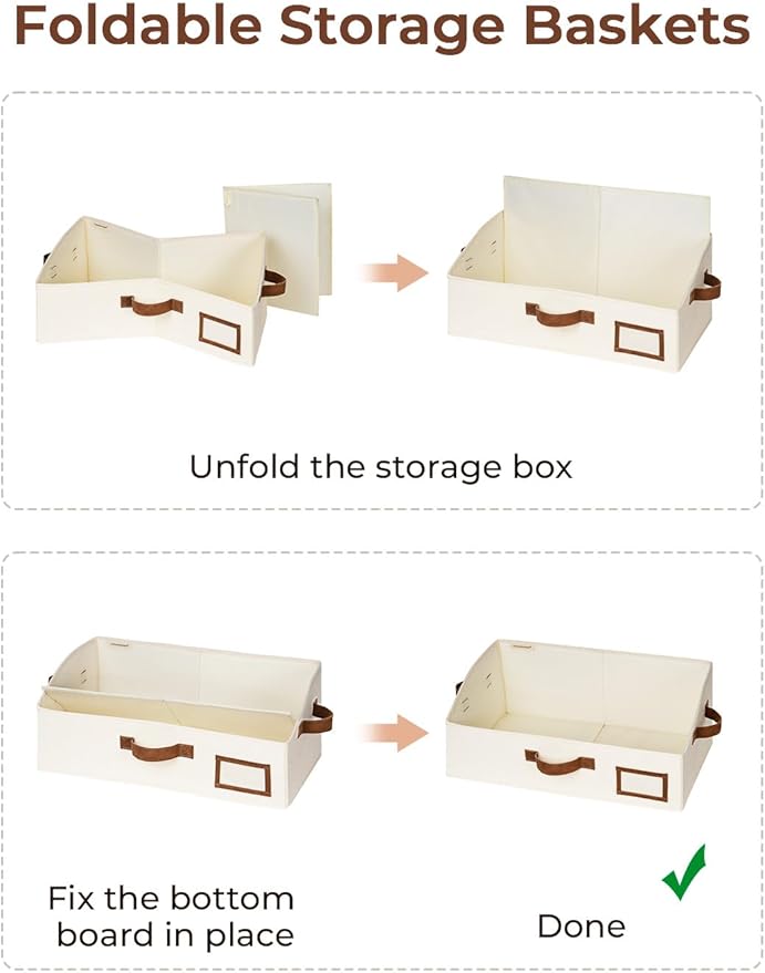 StorageWorks Closet Storage Bins, Trapezoid Organizer Box for Shelves, Fabric Clothes Bin, Foldable Organizing Baskets with Handles, Large, Ivory White, 3-Pack