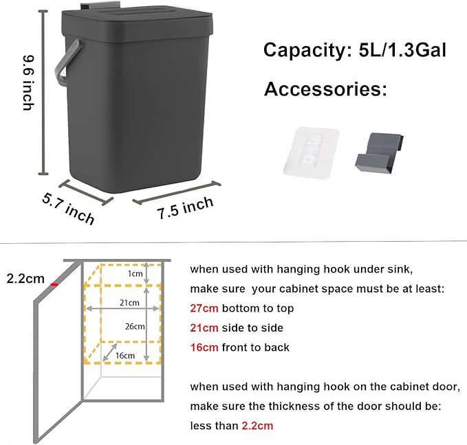 LALASTAR Countertop Compost Bin with Lid, Hanging Small Trash Can with Lid Under Sink for Kitchen, Food Waste Bin for Countertop, Mountable Garbage Can for Bathroom, RV, 5L/1.3 Gal, Black