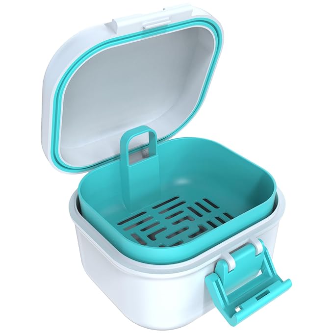 ARGOMAX Leak Proof Denture Bath Cup, Portable Soaking Denture Box, Denture Bath Case with Strainer, for Dentures and Braces (White + Cyan).