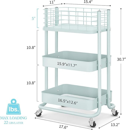 KINGRACK 3 Tier Rolling Cart, Metal Mobile Storage Shelf with Lockable Wheels, Prevent Falling Utility Trolley Cart, Storage Organizer for Kitchen, Office, Bathroom, Dorm, Green