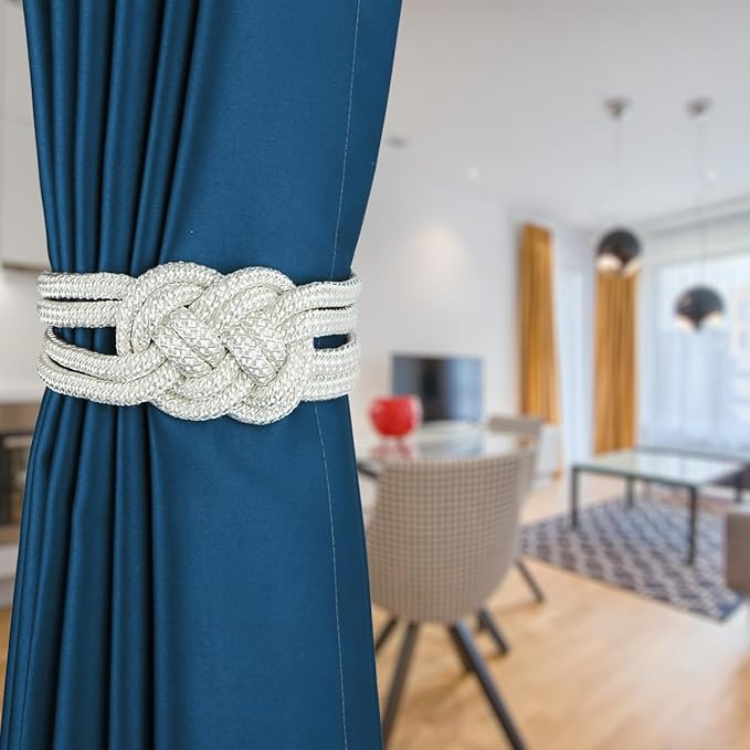 2 Pack Magnetic Curtain Tiebacks, Hand Weave Rope Knot Decorative Curtain Holdbacks for Home & Office Thin Window Drapery (Beige,2P)