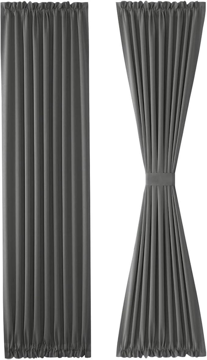 DWCN French Door Curtains – Rod Pocket Thermal Blackout Curtain for Doors with Glass Window, Kitchen and Patio Doors for Privacy, 25 X 72 Inches Long, 1 Curtain Panel with Tieback, Dark Grey