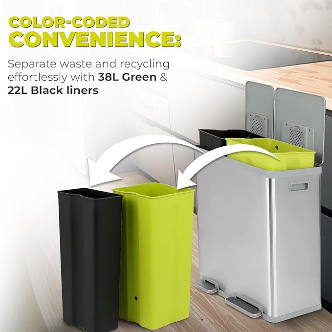 Simpli-Magic 60 Liter / 16 Gallon Rectangular Hands-Free Dual Compartment Recycling Kitchen Step Trash Can with Soft-Close Lid, Brushed Stainless Steel (38L x 22L Capacity)