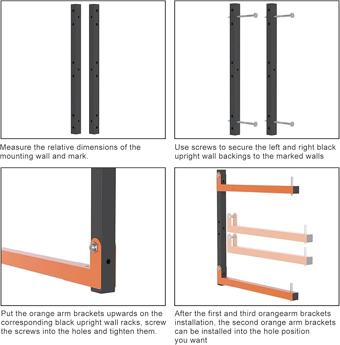 Lumber Rack Wall Mount, Lumber Storage Rack, Heavy Duty Wood Storage Racks with 6-Level System, 720 lb Sturdy Garage Wood Organizer, Orange Lumber Metal Racks for Indoor and Outdoor (4 PACK)