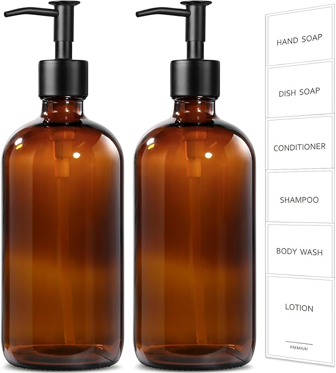 GMISUN Amber Glass Soap Dispenser, 2 Pack Bathroom Hand Soap Dispensers with Stainless Steel Pump, 17 Fl Oz Kitchen Hand and Dish Soap Dispenser Set, Modern Vintage Liquid Brown Soap Dispensers Bottle