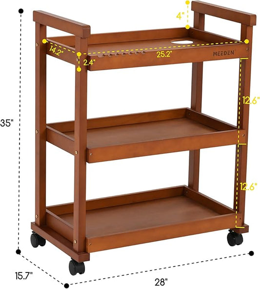 MEEDEN Art Supplies Cart, Walnut 3-Tier Multifunctional Art Storage Cart Organizer, Solid Beech Wood Studio Cart Art Taboret with Caster Wheels, Rolling Utility Cart Organizer for Artist