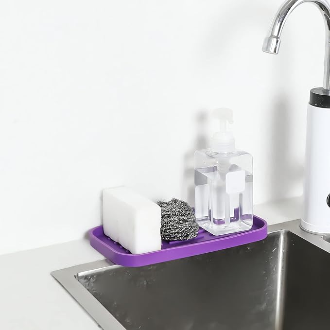 Silicone Kitchen Sink Organizer Tray for Multiple Usage,Eco-Friendly Sponges Holder for Kitchen Bathroom Counter or Sink,Dish Soap Dispenser,Scrubber,Bottle,Cup (Purple, 10"×5.3")