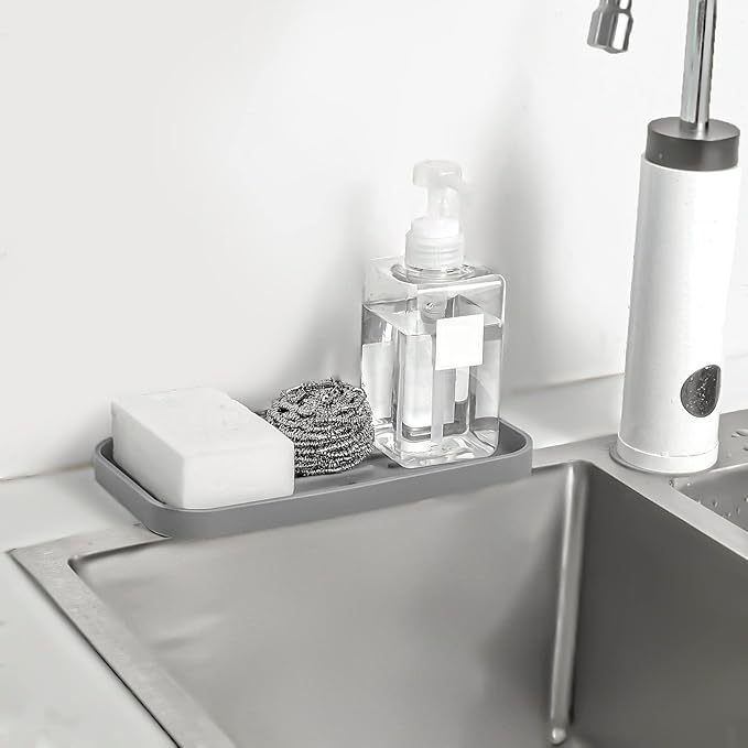 Silicone Kitchen Sink Organizer Tray for Multiple Usage,Eco-Friendly Sponges Holder for Kitchen Bathroom Counter or Sink,Dish Soap Dispenser,Scrubber,Bottle,Cup (Grey, 10"×5.3")