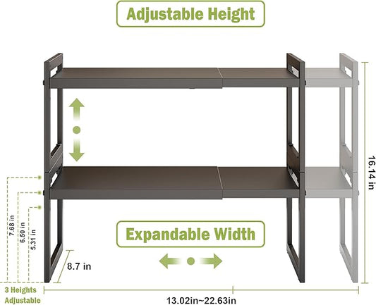DOLALIKE Expandable kitchen Countertop Organizer, Stackable Cabinet Shelf Organizers, Space Saving Spice Rack Pantry Storage for Bathroom Office Organization (Black, 2 Pack)