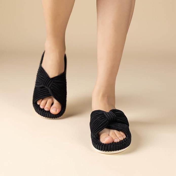 Chantomoo Slippers for Women Memory Foam House Bedroom Corduroy Bow Crossbands Slide Slipper Shoes Comfy Trendy Gift Slippers