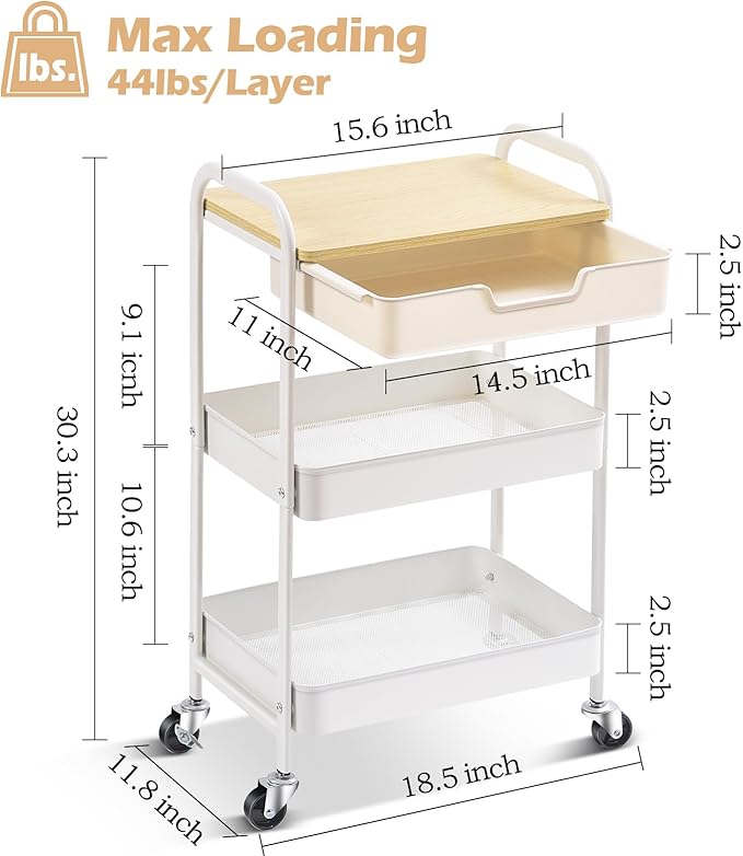 TOOLF 3-Tier Metal Utility Rolling Cart with Drawer and Wooden Table Top, Storage Cart White Trolley Kitchen Organizer Rolling Desk with Locking Wheels for Office, Classroom, Home, Bedroom