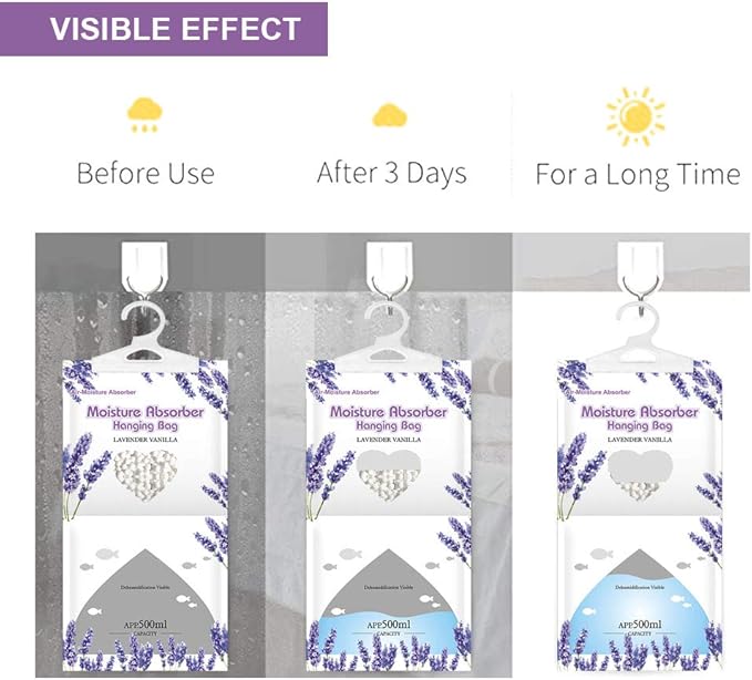 CANAGER Hanging Moisture Absorber, Lavender Vanilla Moistureproof Hanging Bag,Dehumidifier Bag (8 packs) Hanging Closet Dehumidifier Bags, Moisture Absorb 12.5 oz