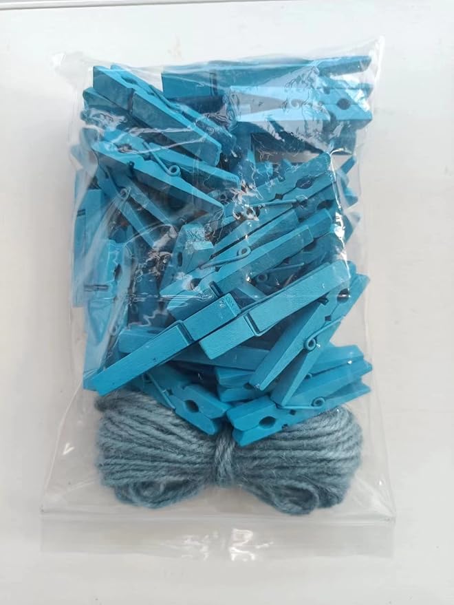 1.9" Wooden Clothespins Hanging Clothes Pins Clip Photo Holder DIY Gift Festive Party Decor with Bright Blue Jute Twine Pack 50