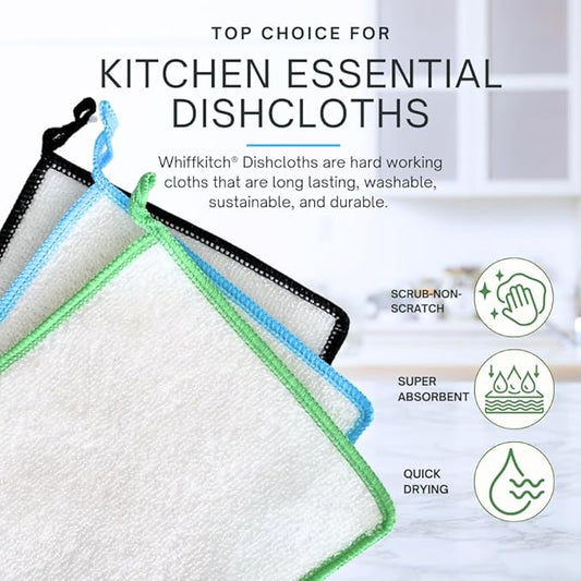 Whiffkitch Dishcloths Dishrags for Kitchen and Household Cleaning 6x7 3-Pack Non-Scratch 2-Ply Weave, Bamboo-Rayon Fabric, Absorbent, Washable, Long-Lasting