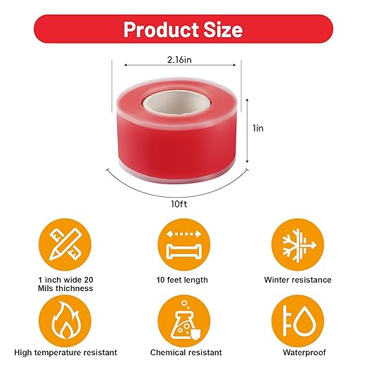 Self Fusing Silicone Tape 2 Rolls 1 in x 10' Red Waterproof Rescue Tape Rubber Leak Silicone Self-amalgamating Tape for Plumbing, Sealing Pipes, Hose Repair, Outdoor Coax and Tool Fixation