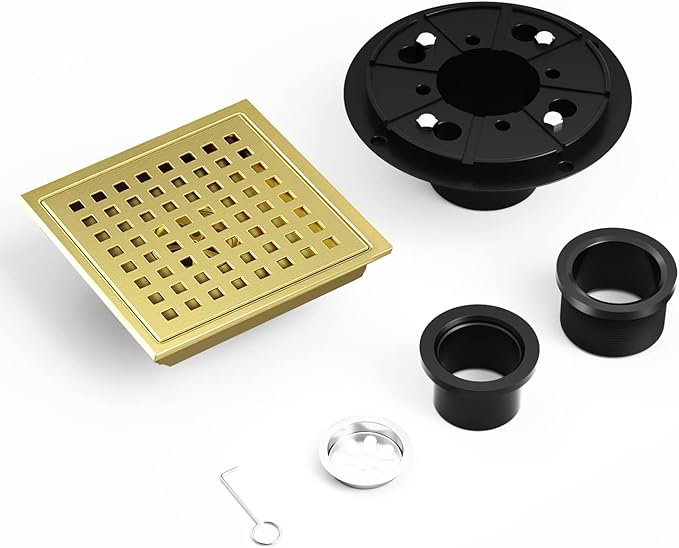 Shower Drain Brushed Gold 6 Inch, Square Floor Drain, Stainless Steel Drain Kit with Flange, Removable Grid Cover, Hair Strainer