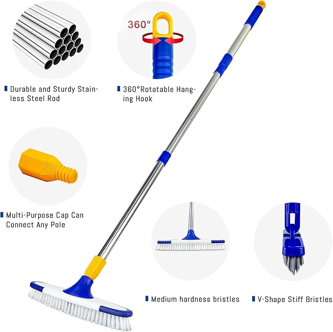 ITTAR Grout & Scrub Brush Combo, Floor Scrubber with Long Handle, Multi-Purpose Stiff Bristles Cleaning Brush Set for Tile, Grout, Deck, Kitchen, Shower Floor (2 Pcs)