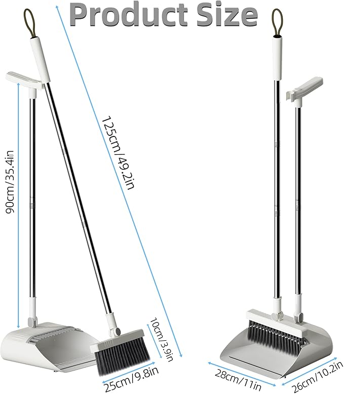 Upgrade Broom with Dustpan Combo Set, Broom and Dustpan Set with Adjustable Handle,Self-Cleaning Dustpans Teeth for Home Kitchen Office Hall Floor,ZeroGap Lip (White&Grey)